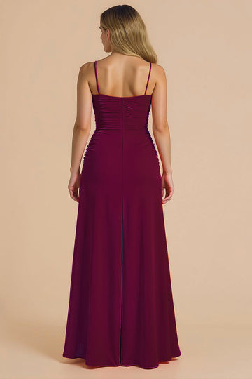 Bordowa Spagheeti Na Paskach Ruched Spłaszcz Długa Sukienka Druhny